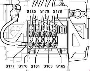 Volkswagen Bora - fuse box diagram - position of fuses in fuse holder/battery