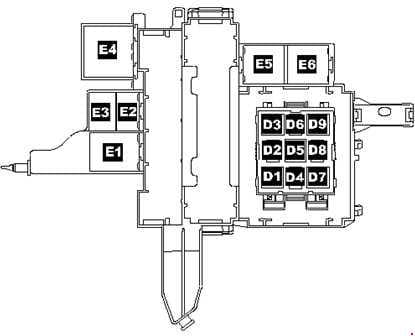 Volkswagen Toured - fuse box diagram - relay carrier on E-box on right under dash panel, near right a-pillar (only right-hand drive)